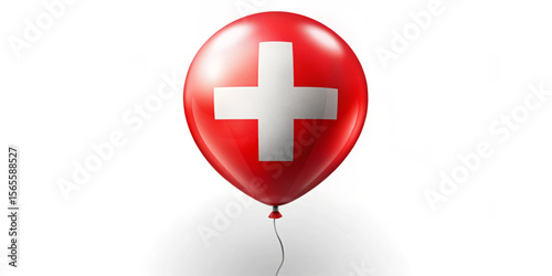 Swiss National Day celebration with red and white balloons, Swiss cross symbol, isolated on white background.
