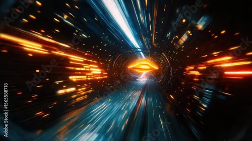 Futuristic tunnel with vibrant light streaks and a glowing portal at the end