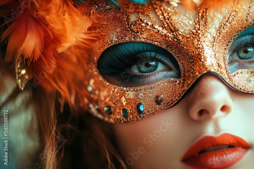 Stunning Young Woman Adorned with Vibrant Ethnic Mask at Glamorous Carnival Celebration