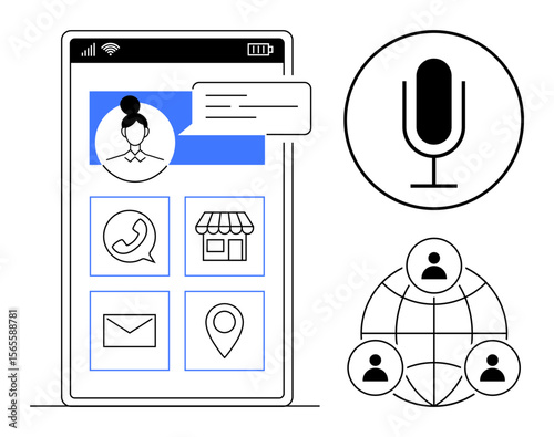 Smartphone with user avatar, chat bubbles, icons for communication and location, microphone for voice command, and global network symbol. Ideal for technology, communication, connectivity