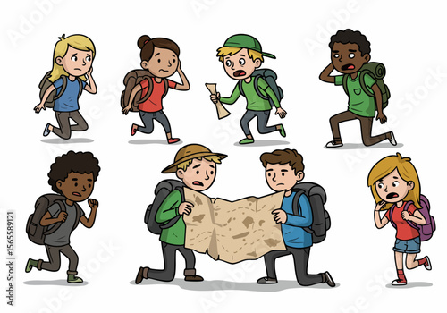 Group of diverse children hikers looking lost and confused while exploring the outdoors with a map.