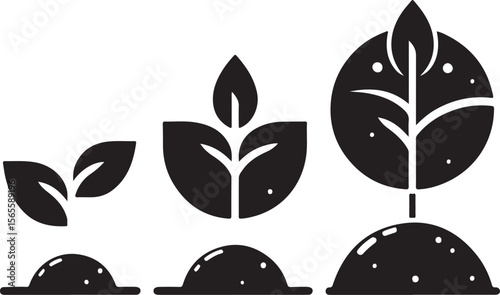 Growing Plant Icons – From Small Seedlings to Fully Grown Tree in Silhouette Style