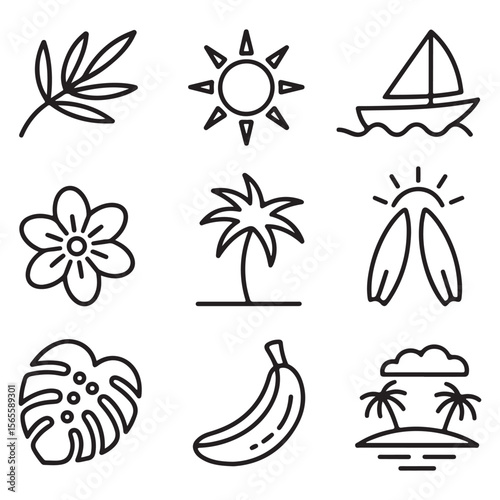 Collection of nine simple black line art icons representing summer vacation elements isolated on white background