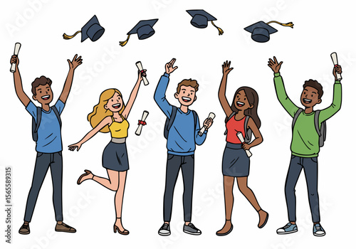 Happy diverse students celebrating graduation together, throwing their caps and holding diplomas, vector illustration on white background.