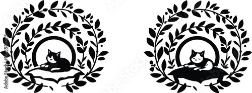 Serene Cat Duo — Silhouette Portraits of Light and Dark Cats Resting on Cushions Framed by Circular Leaf Motifs