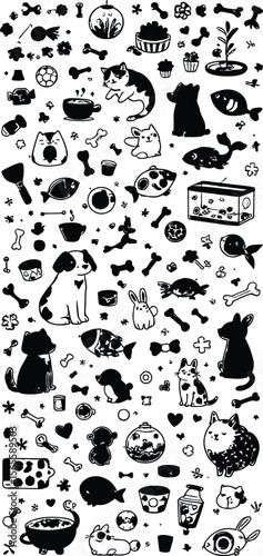 Whimsical Pet Haven Pattern — Silhouette Composition of Cats, Dogs, Birds, Fish, and Accessories in Cozy, Expressive Layout
