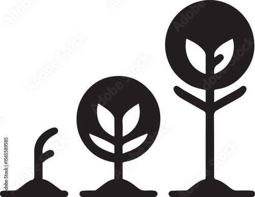 Growing Plant Icons – From Small Seedlings to Fully Grown Tree in Silhouette Style