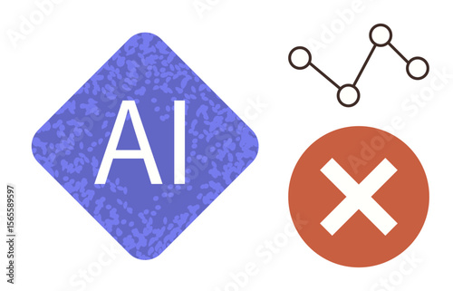 AI word in a diamond shape, red cross symbolizing error, and a line chart with nodes showing data trends. Ideal for technology, AI, data analysis, decision-making, error handling, trends innovation