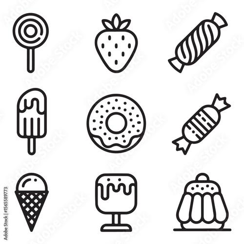 Collection of nine sweet food icons including lollipop strawberry candy popsicle donut ice cream cone and jelly isolated on white background