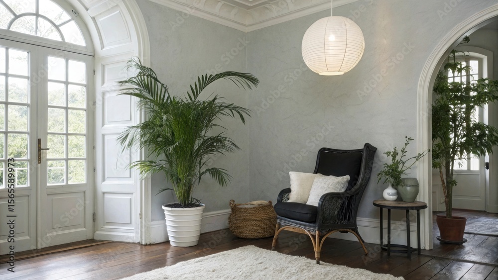 Fototapeta premium Scandinavian living room with natural light. Minimalist interior with textured walls and wooden floors. Cozy wicker armchair and potted plants in a serene space.
