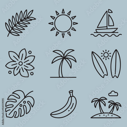 Collection of tropical summer icons with palm trees and sun isolated on white background