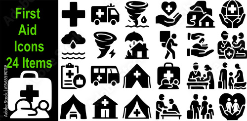 First Aid Icons Set (24 items) – Medical Emergency and Safety Symbols