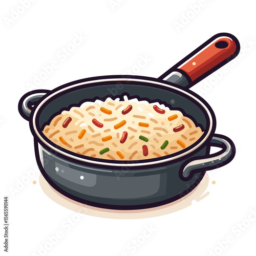 Pot of colorful rice ready to serve in a kitchen setting. Vector