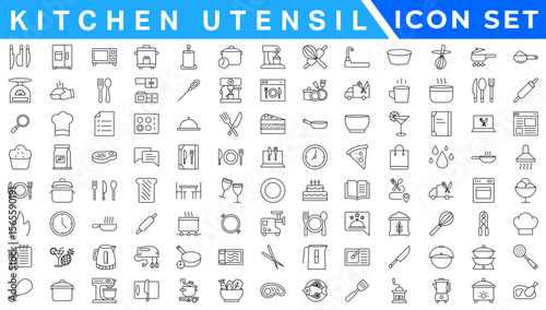 Kitchen Utensil icon set. Editable Stroke Icon Collection. Includes chopping board, cooking pots, frying pan, grater, kitchen scale, and More. Outline icons vector collection.