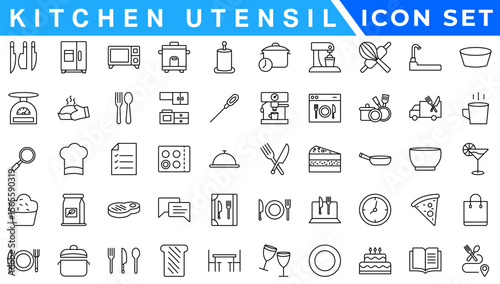 Kitchen Utensil icon set. Editable Stroke Icon Collection. Includes chopping board, cooking pots, frying pan, grater, kitchen scale, and More. Outline icons vector collection.