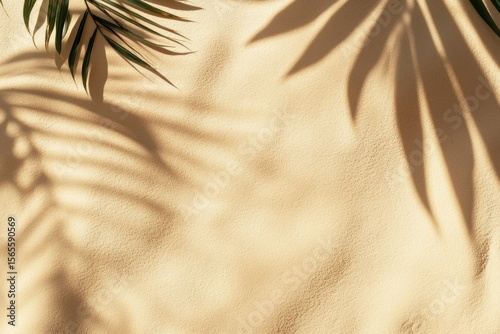 Palm leaf shadows on soft sand texture under natural sunlight, minimalistic tropical background. For summer campaigns, nature-inspired branding, beach vacation concepts, or elegant eco-themed visuals