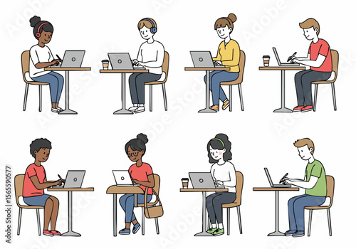 Diverse people working on laptops at tables, suitable for cafe or co-working space scenes, depicted in a simple illustration style.