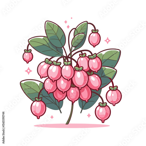 Gooseberry plant with pink berries and green leaves in a whimsical style