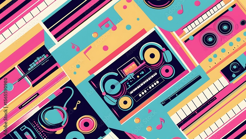 Obraz premium Vibrant Retro Music Pattern Cassette Tapes, Headphones, and Keyboards