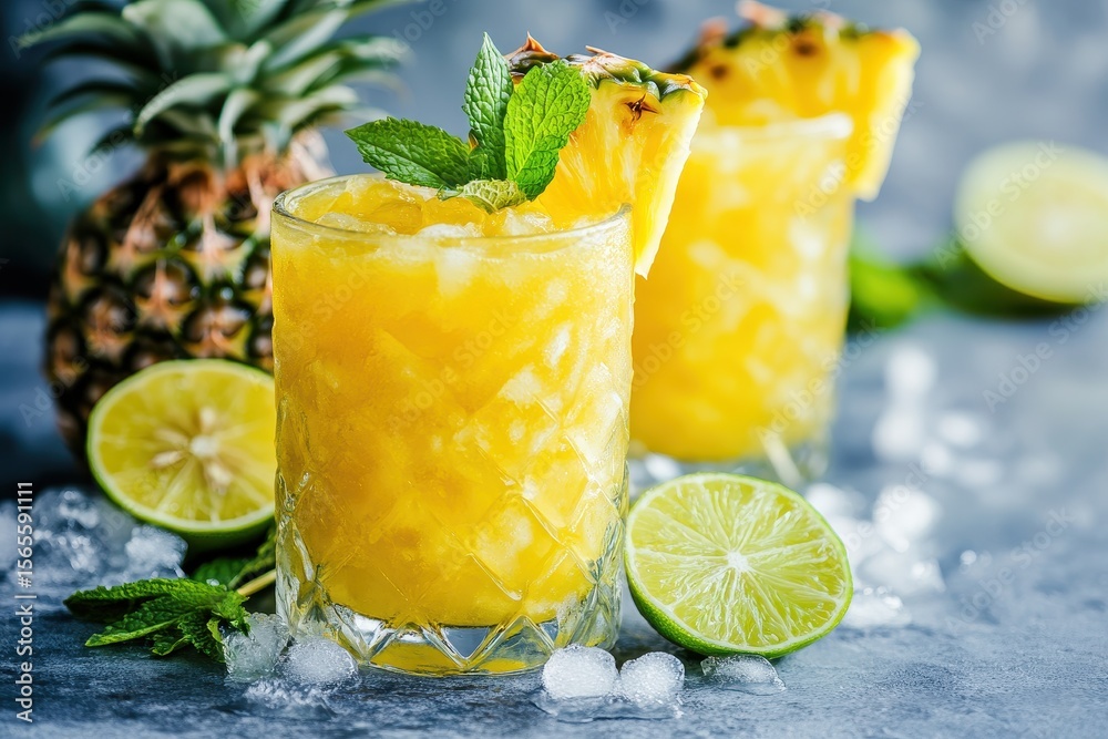 Fototapeta premium Refreshing Pineapple Lemonade: Chilled Summer Beverage with Mint and Crushed Ice in Glasses