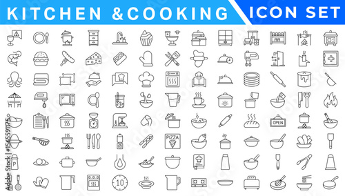 Kiechen and Cooking line icons. Boiling time, Frying pan and Kitchen utensils. Fork, spoon and knife line icons. Recipe book, chef hat and cutting board. Cooking book, frying time, hot pan. Vector