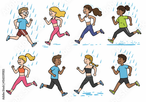 Diverse group of cartoon people running and jogging in the rain, exercising outdoors despite the wet weather.