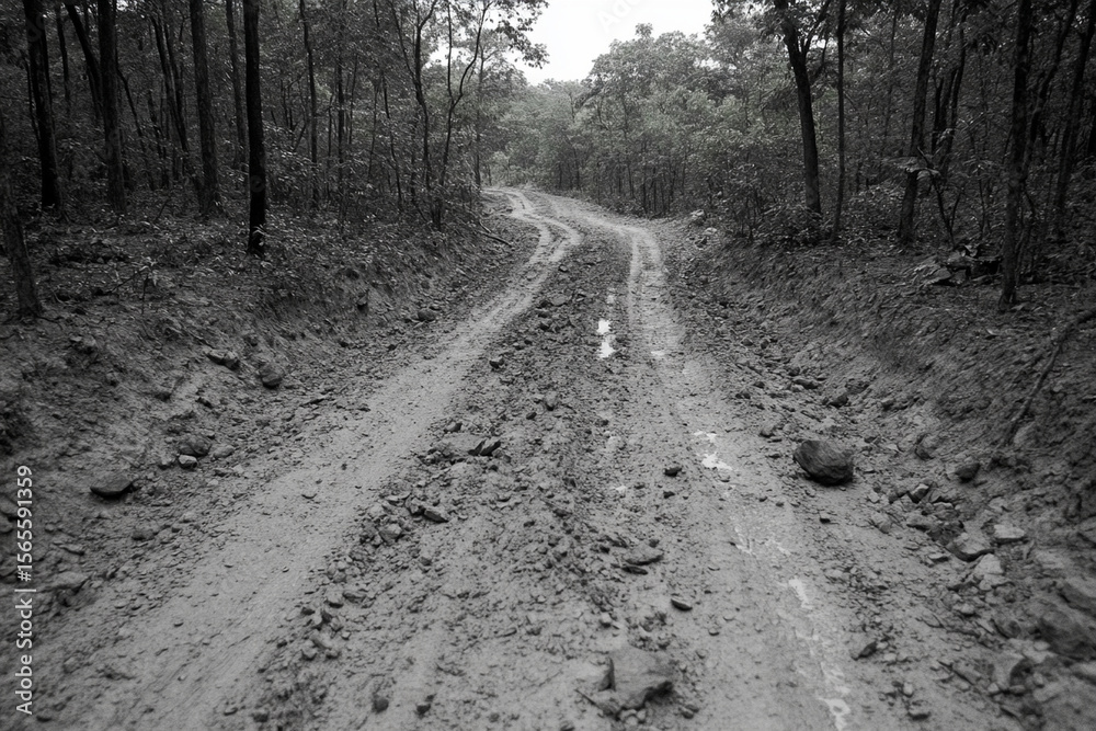Fototapeta premium Pathway winding through a dense forest in black and white