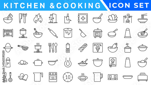 Kiechen and Cooking line icons. Boiling time, Frying pan and Kitchen utensils. Fork, spoon and knife line icons. Recipe book, chef hat and cutting board. Cooking book, frying time, hot pan. Vector