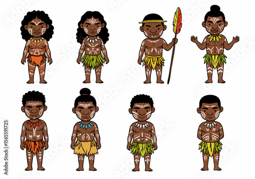 Cute cartoon illustrations of diverse tribal people with body paint and traditional clothing, representing indigenous cultures and community.