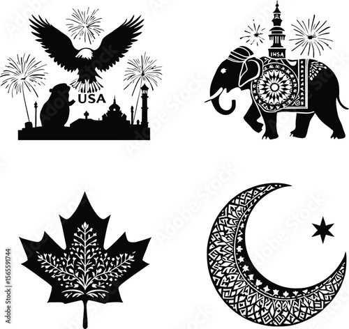 Whimsical Global Symbols — Silhouette Composition Featuring Cultural Icons from USA, India, Canada, and Islamic Traditions in Festive Abstract Layout