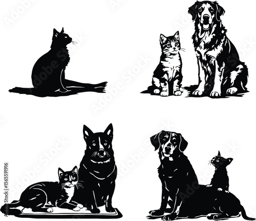 Pet Companions Silhouette Grid — Whimsical Scenes of Cats and Dogs in Peaceful, Loving Poses
