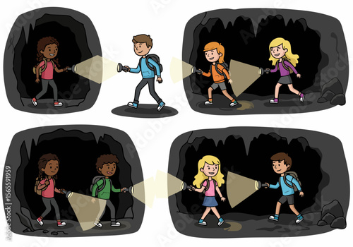 Illustrated scenes of children exploring caves with flashlights, showing adventure, discovery, and underground exploration.