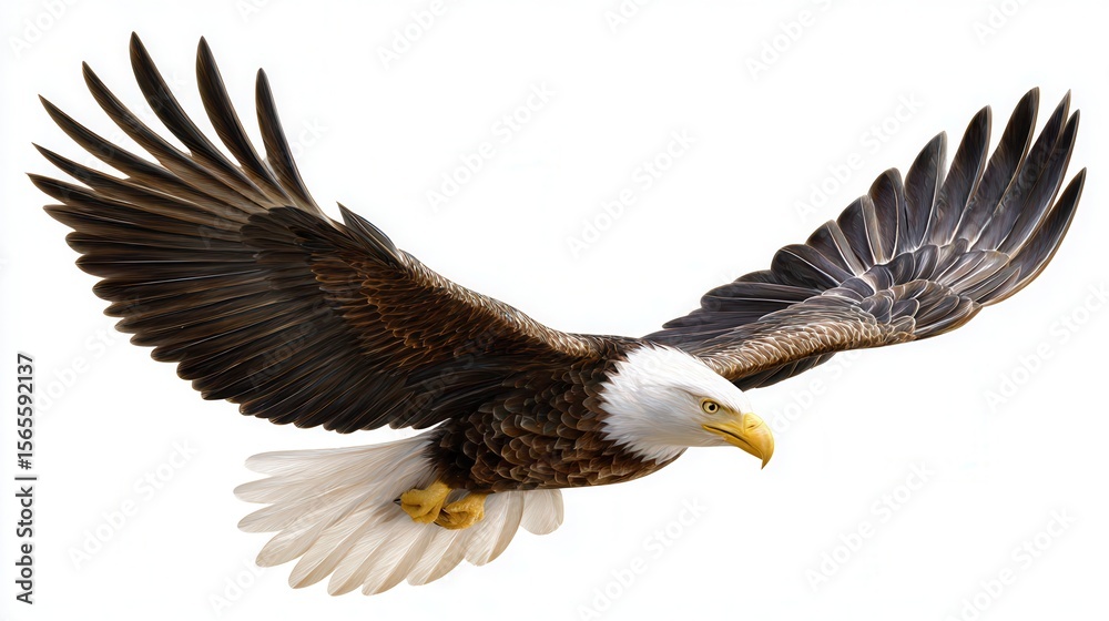 Obraz premium A majestic eagle soars gracefully with its wings fully spread, showcasing intricate feather details, This image is ideal for nature websites, wildlife conservation materials, or educational content,