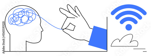 Hand untangling brain patterns, turning ideas into clarity, with wireless signal above cloud. Ideal for creativity, problem-solving, innovation, communication, connectivity, technology simple