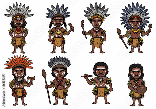 Set of eight cartoon tribal characters with feather headdresses, face paint, and traditional attire, holding various tools or weapons, isolated illustration.