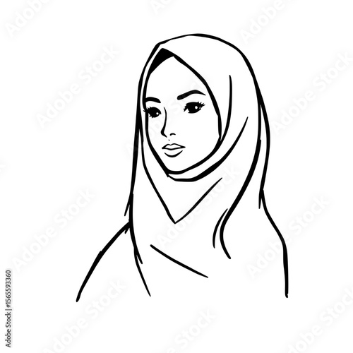 Line art illustration of a woman wearing a hijab, minimal and elegant. Drawn in black and white style.