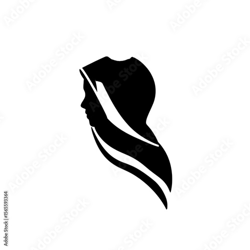 Silhouette of a hooded figure with flowing lines, set against a bright white background, mysterious. Vector 