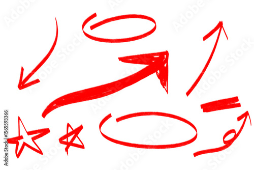 Handdrawn red arrows and circles isolated on transparent background indicate direction and highlight important elements