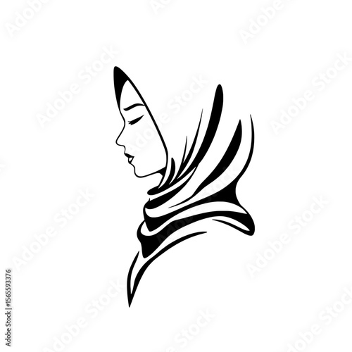 Elegant illustration of a woman in a hijab logo, rendered in a clean black and white style.