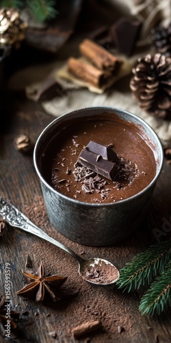 Rustic Christmas Delight: Single Malt & Chocolate Mousse in Vintage Tin Pot on Dark Wood