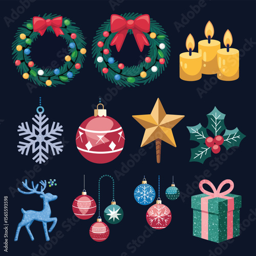 vector Happy New Year Celebrating 2025 in Latin letters , Christmas Decoration Items Santa Claus
