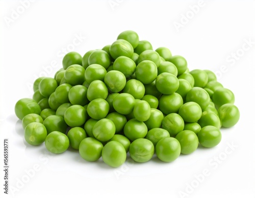 Glossy green peas stacked together, vibrant and uniform in size, appearing fresh and natural