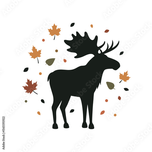 Silhouette Of Moose With Autumn Leaves