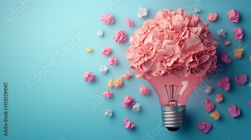 Pink lightbulb idea concept with crumpled papers on light blue background