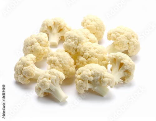 Bright and organic cauliflower florets displayed on a minimal white surface