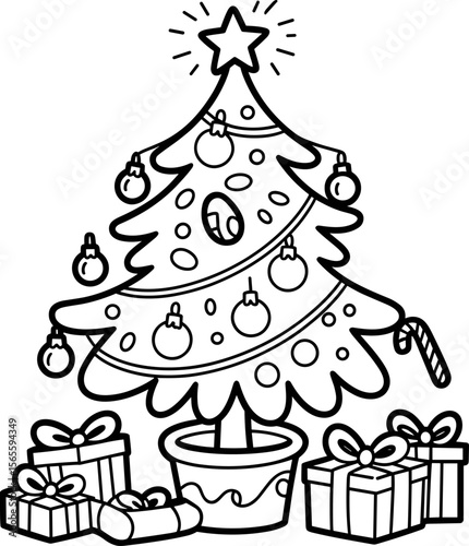 Hand-Drawn Christmas Tree Set – Festive Holiday Line Art with Ornaments and Gifts