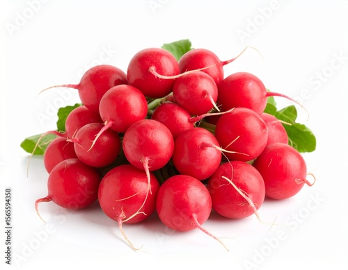 Group of radishes with smooth red skin and fresh leaves, arranged naturally