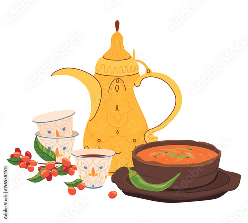 Arabic coffee pot Dallah, coffee branch and cups with ornament. Saltah in a stone pot called harada or maghla. Traditional Yemeni lunch, Symbol of Middle Eastern hospitality. Vector clipart flat style