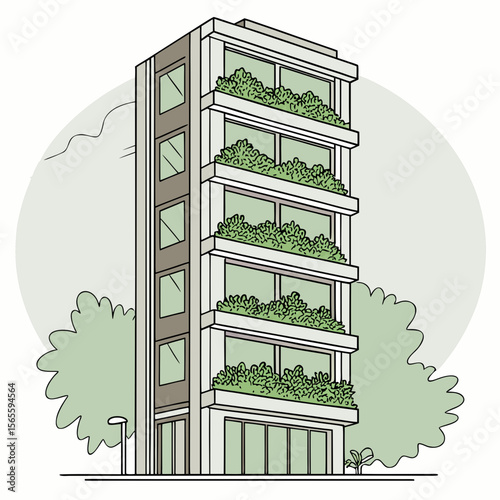 Modern vector illustration of a green building for sustainable architecture, urban development, and eco-friendly design