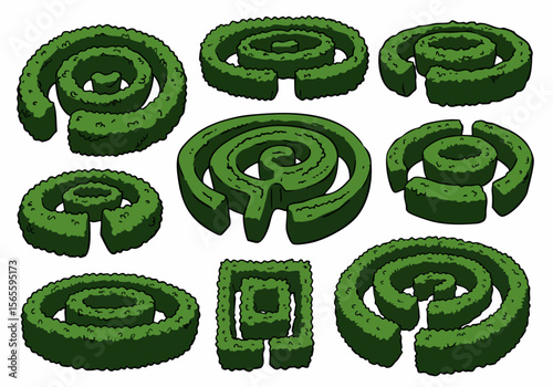Set of various topiary garden shapes, including mazes, spirals, and geometric designs, isolated on a white background.